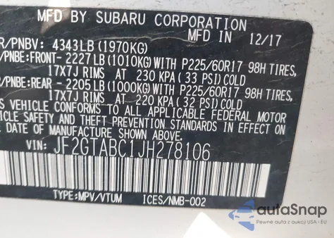 2018 Subaru Crosstrek Premium из США, поврежденный, VIN JF2GTABC1JH278106